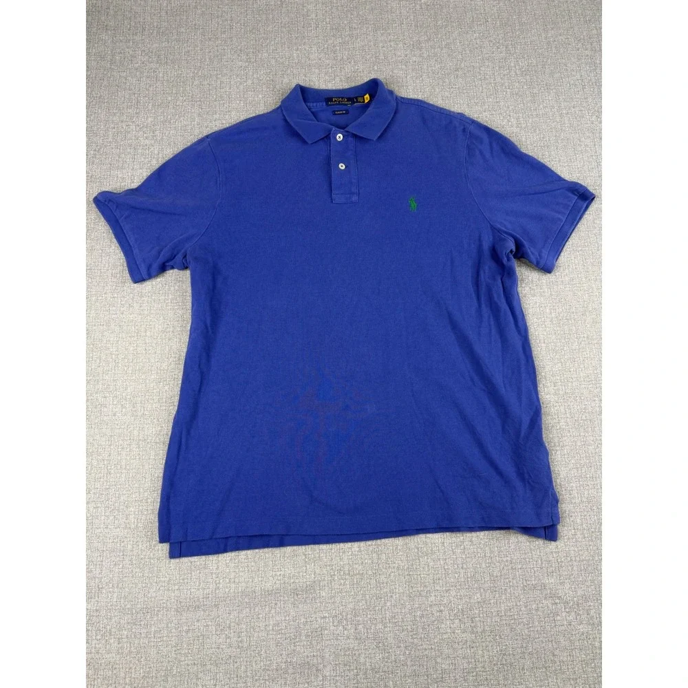 Polo Ralph Lauren Mens Classic Fit Blue Pique Polo Shirt Green Pony Large
